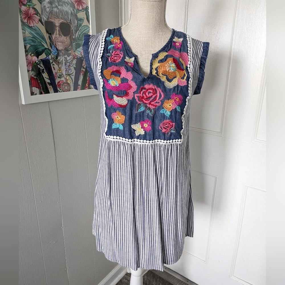 Andree By Unit Dress Womens Small Floral Embroidery Striped Boho Peasant‎ Hippie